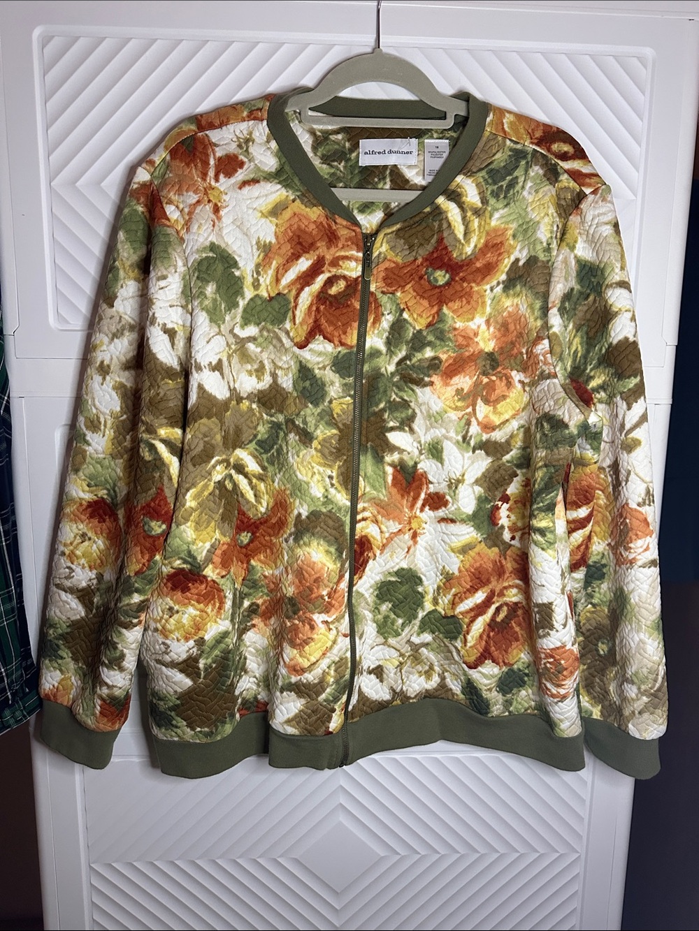 Alfred Dunner Olive, Rust & Cream Floral Quilted Bomber Jacket